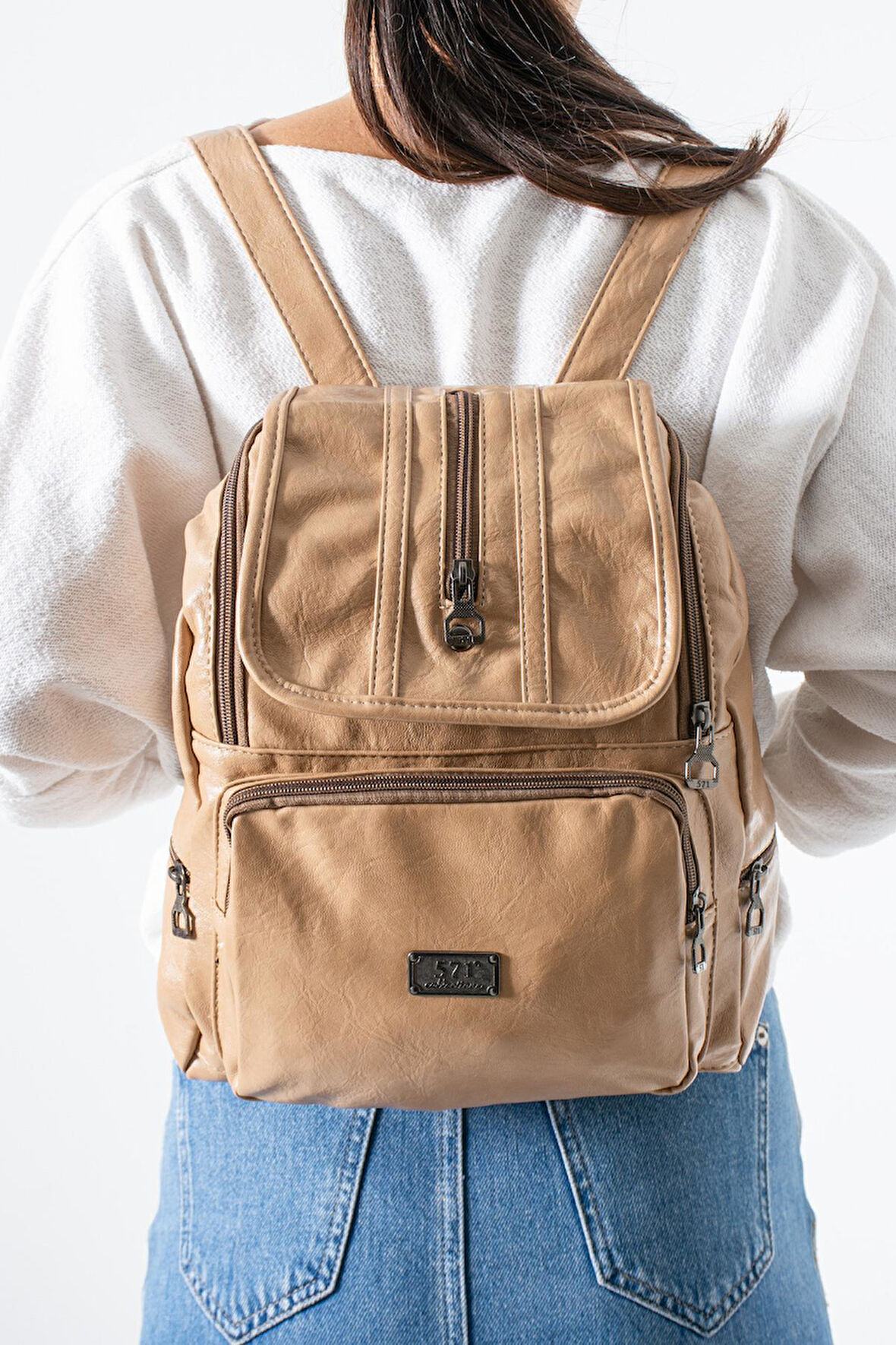 Suni Deri Yıkama Sırt Çantası (Poliüretan) Bej Model:(571-14-16J)