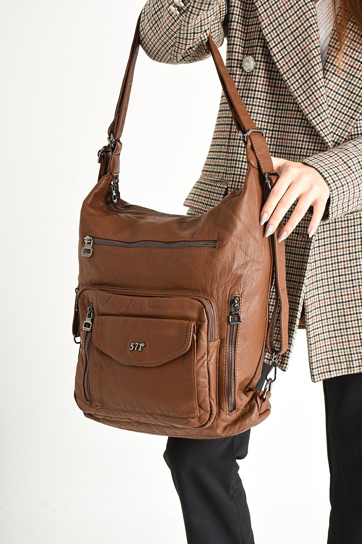 Yıkanmış Deri Hem Sırt Hem Omuz Çantası Taba (Model: 571-9-10A) 