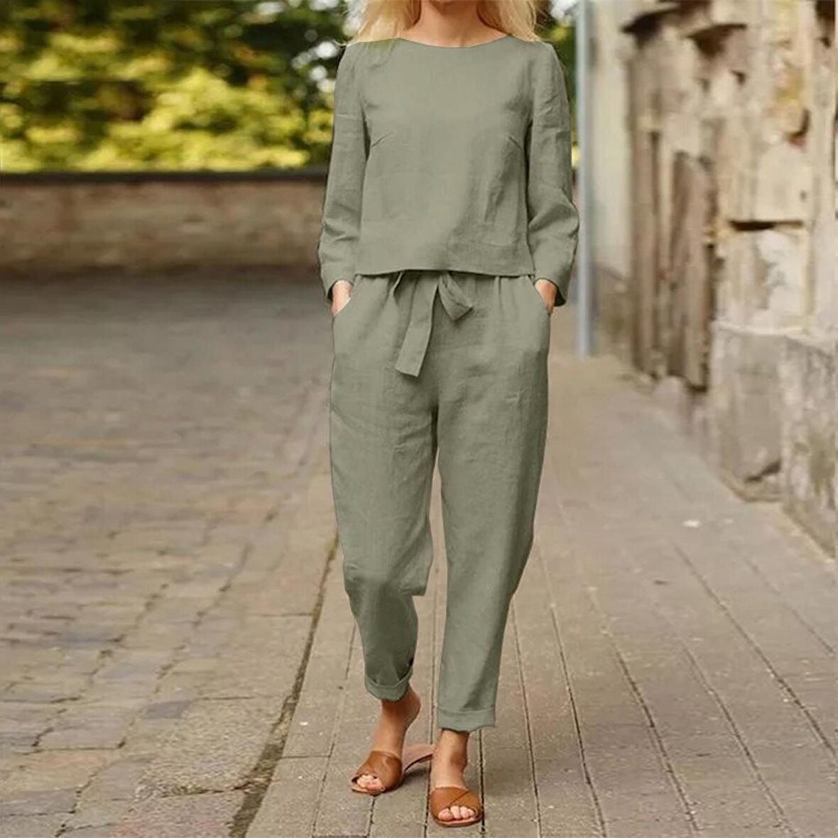 Barbora Keten Günlük Rahat Beli Kemerli Kadın İkili Takım Alt Üst LN01haki8