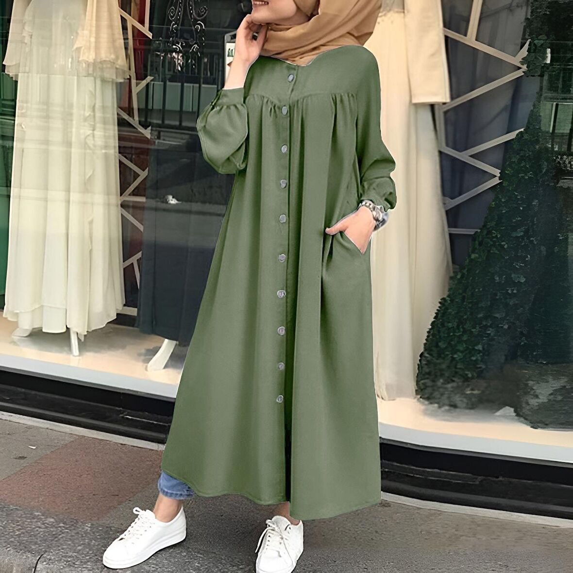 Barbora Keten Günlük Yazlık Tasarım Gömlek Kadın Elbise Büzgülü LN351haki6