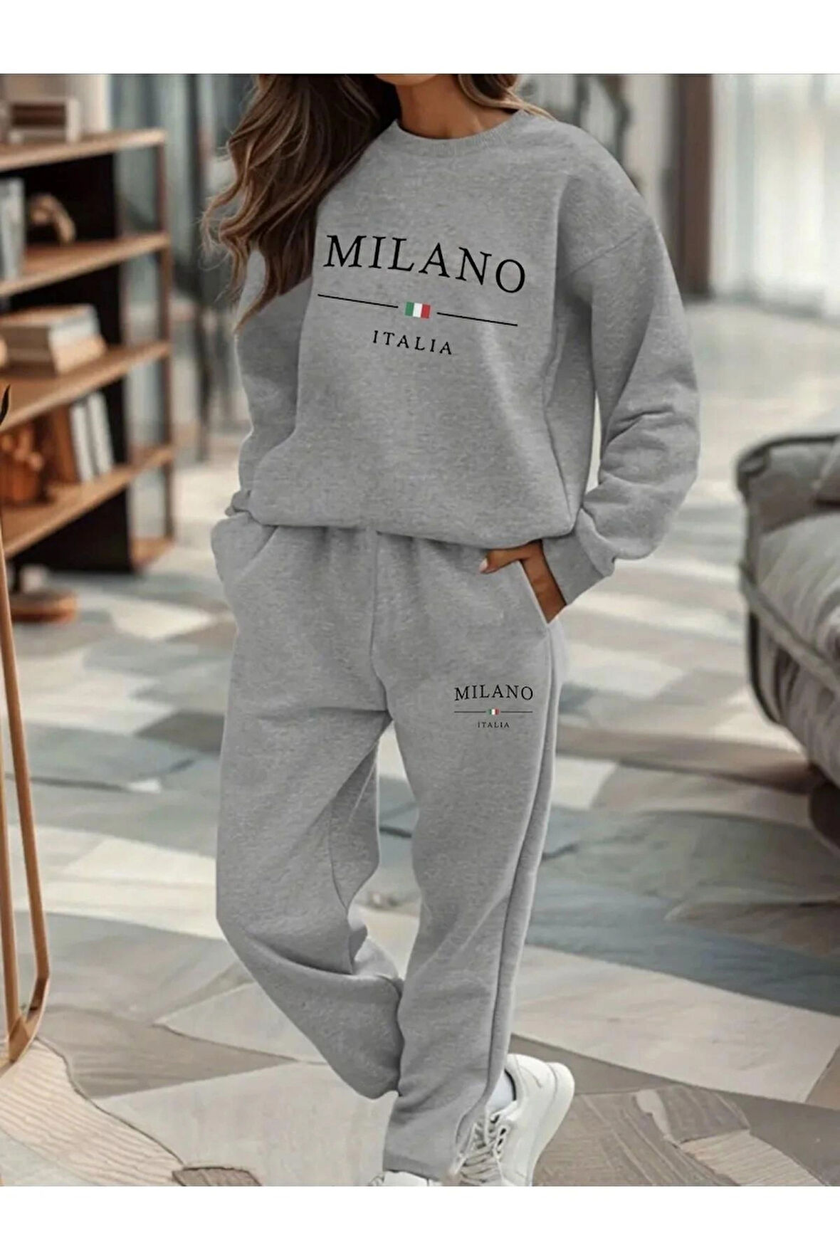 FUFLUNS MİLANO BASKILI UNİSEX OVERSİZE BİSİKLET YAKA ALT/ÜST EŞOFMAN TAKIMI