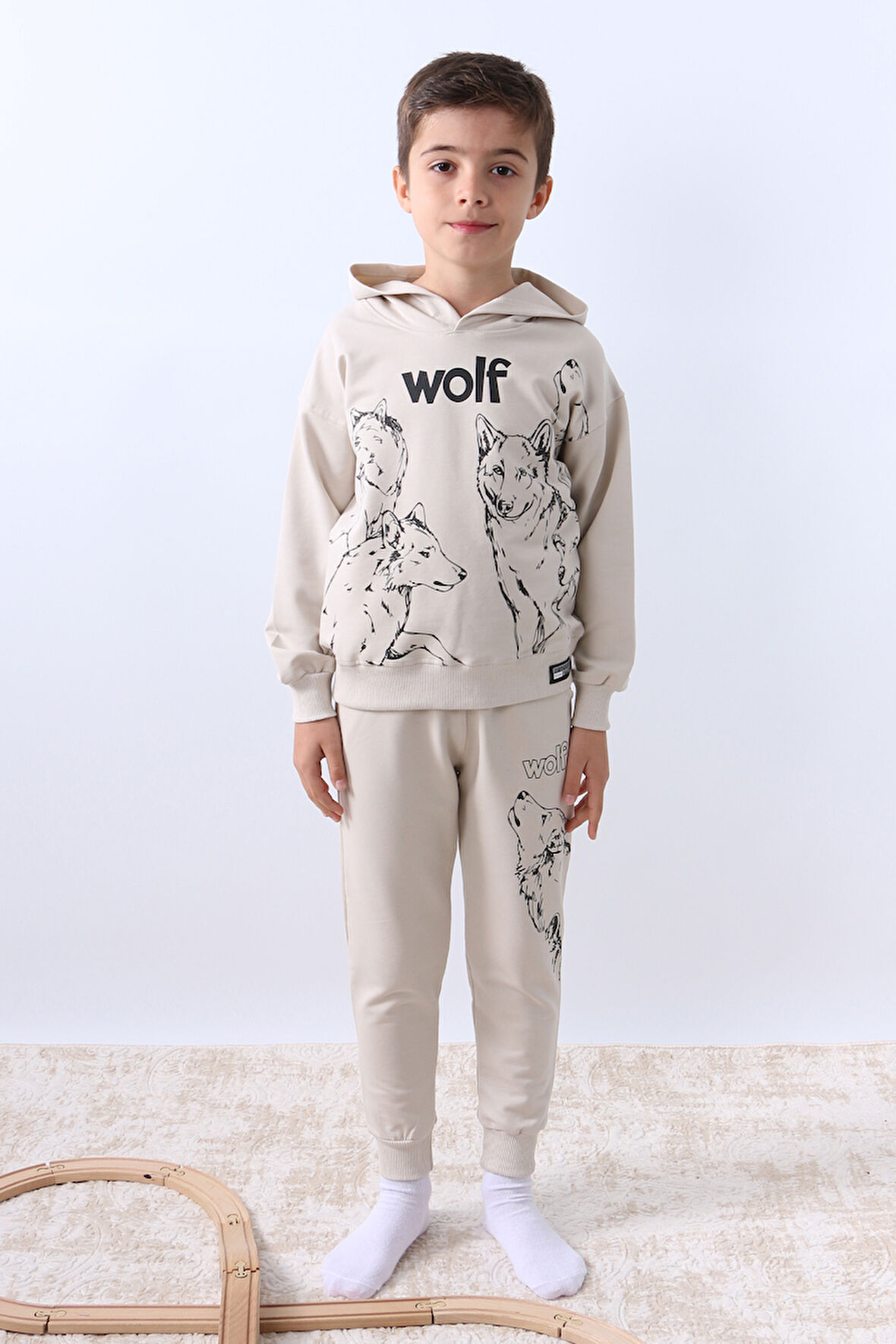 ERKEK ÇOCUK KAPŞONLU EŞOFMAN TAKIMI 4 MEVSİM WOLF BASKILI RİBANALI F12
