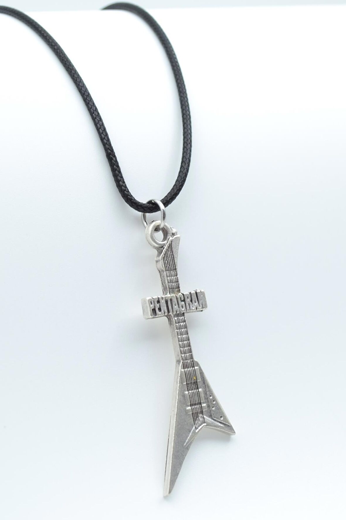 Pentagram Elektro Gitar Kolye Deri İp Kolye Gümüş Kaplama Erkek Kadın Kolye