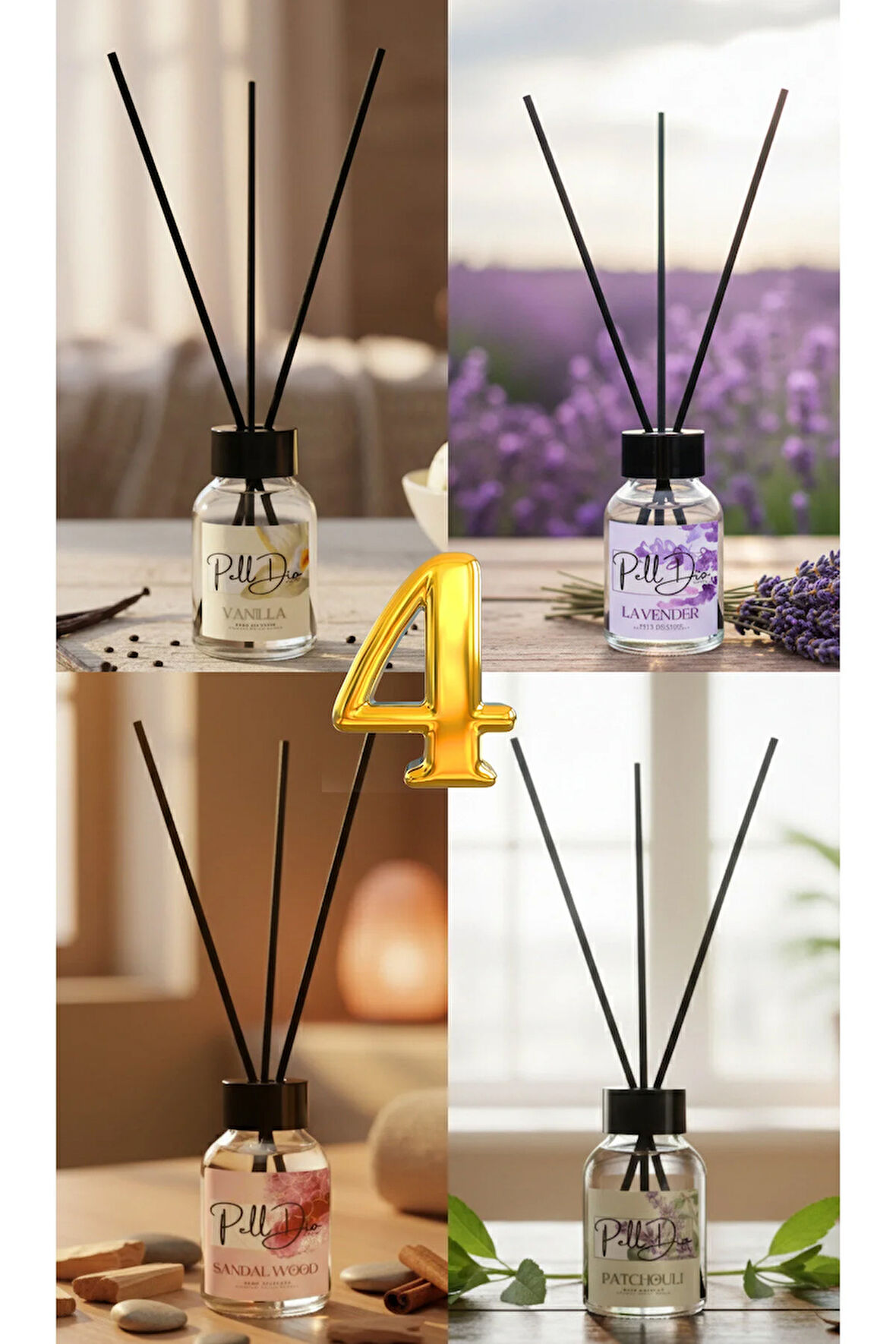 4'lü Yasemin-Amber-Beyaz Çiçekler-Okyanus Eko Çubuklu Oda Kokusu - Kokulu Çubuk 4x50ml