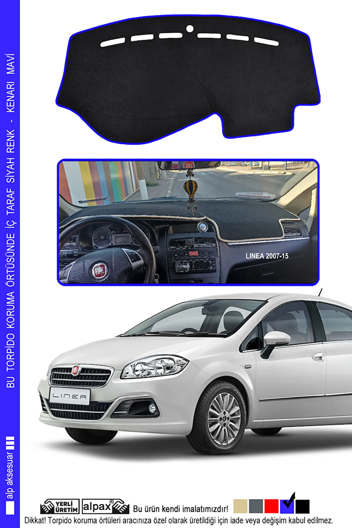 Fiat Linea 2007-2015 Modele Özel Torpido Koruma Halısı - Kenarı Mavi