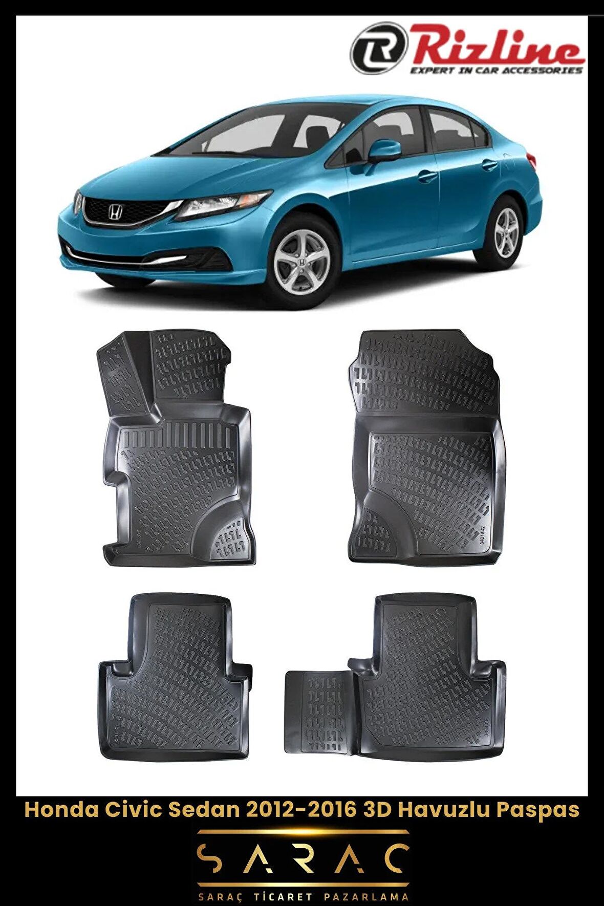Rizline Honda Civic Sedan 2012-2016 3D Havuzlu Paspas