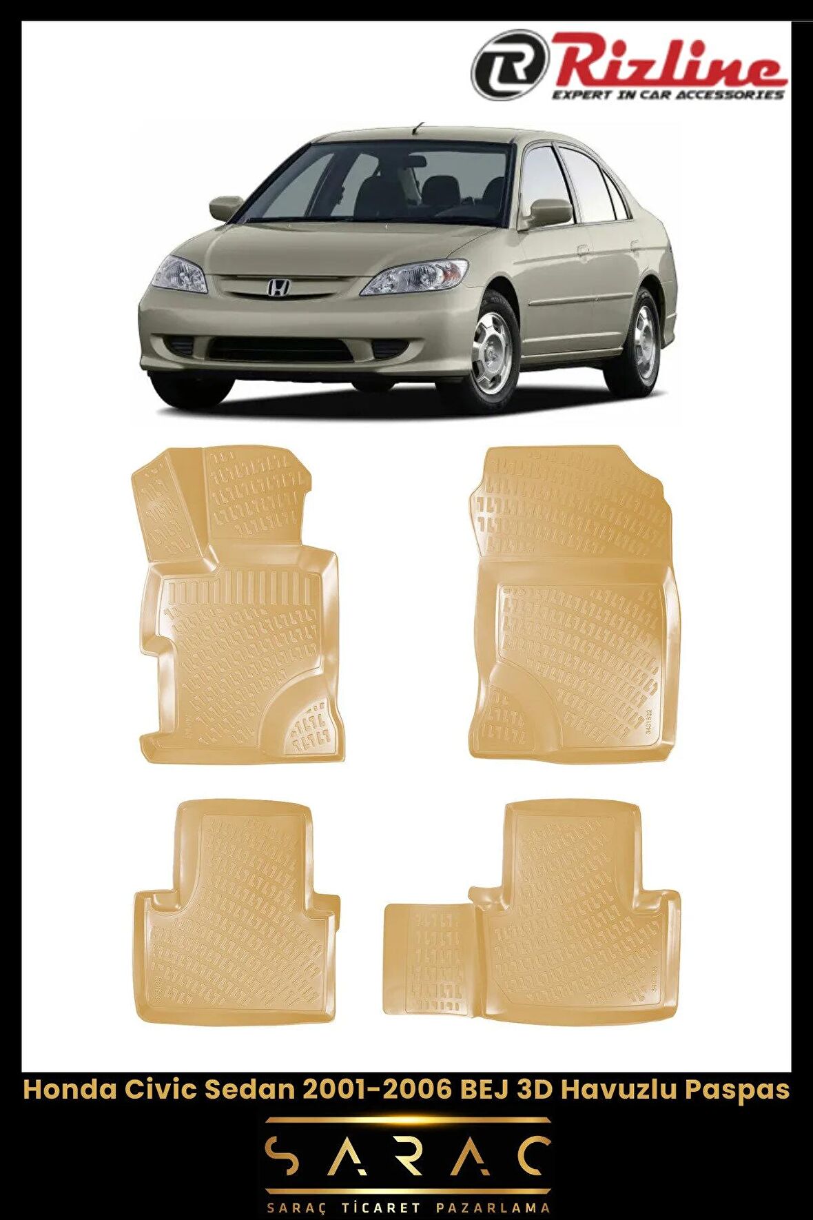 Rizline Honda Civic Sedan 2001-2006 Bej 3d Havuzlu Paspas