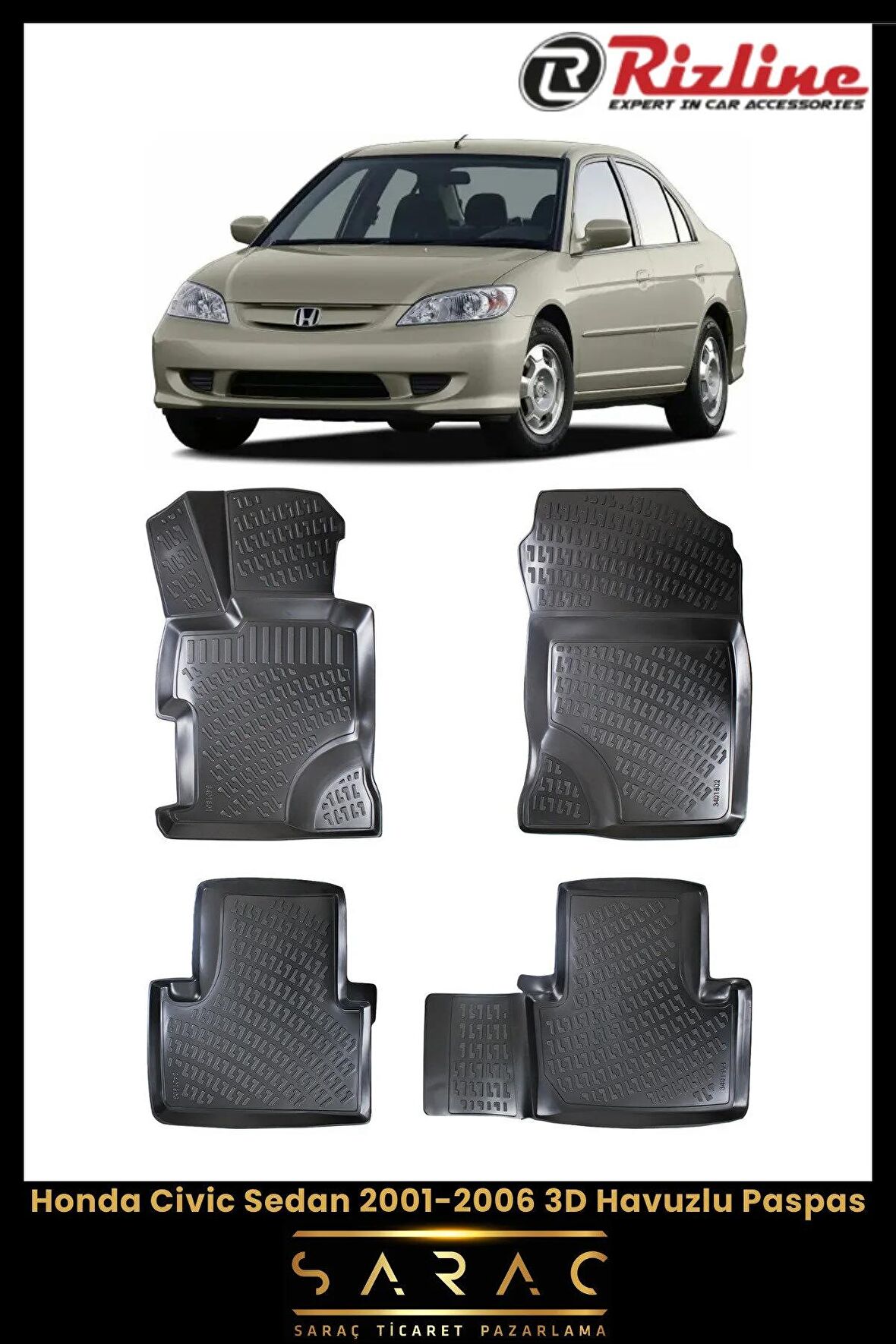 Rizline Honda Civic Sedan 2001-2006 3d Havuzlu Paspas