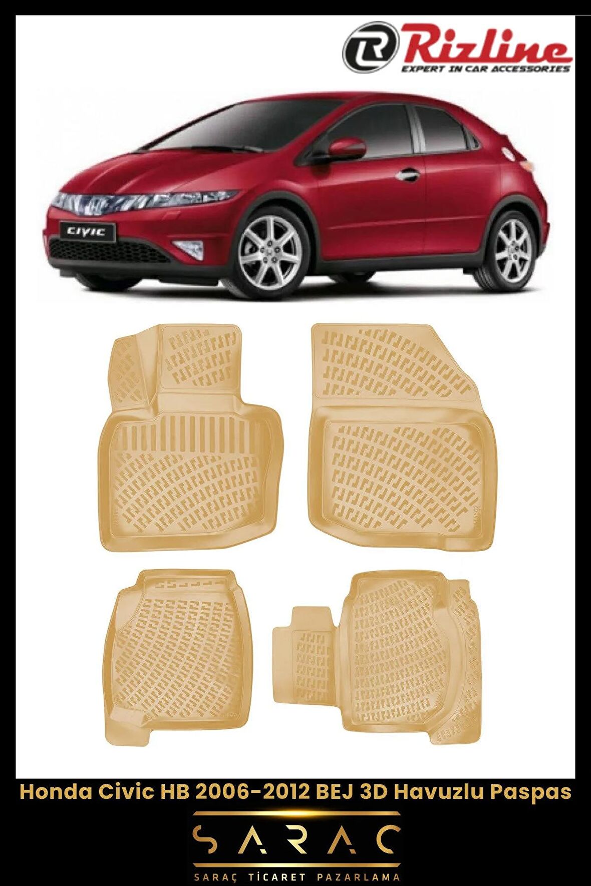 Rizline Honda Civic HB 2006-2012 BEJ 3D Havuzlu Paspas