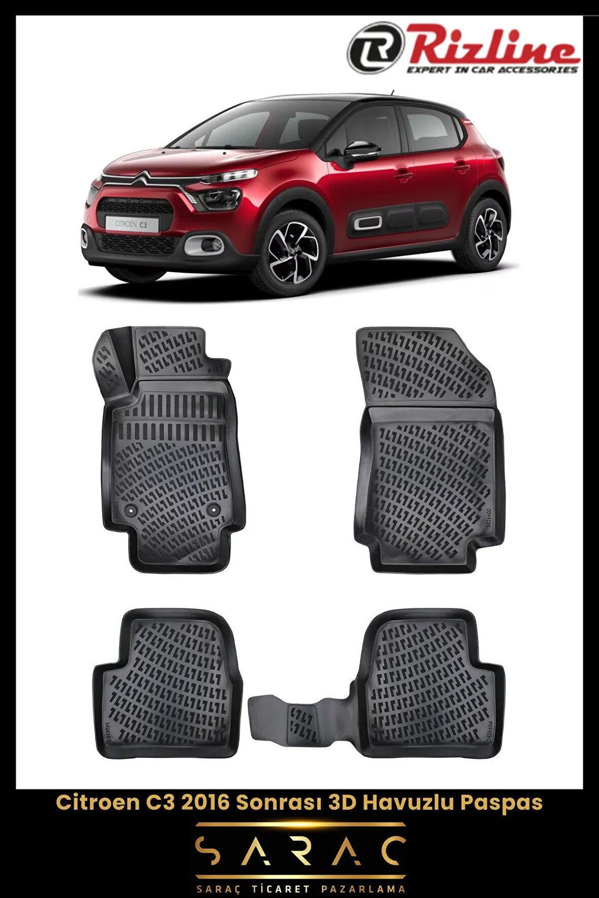 Rizline Citroen C3 2016 Sonrası 3D Havuzlu Paspas