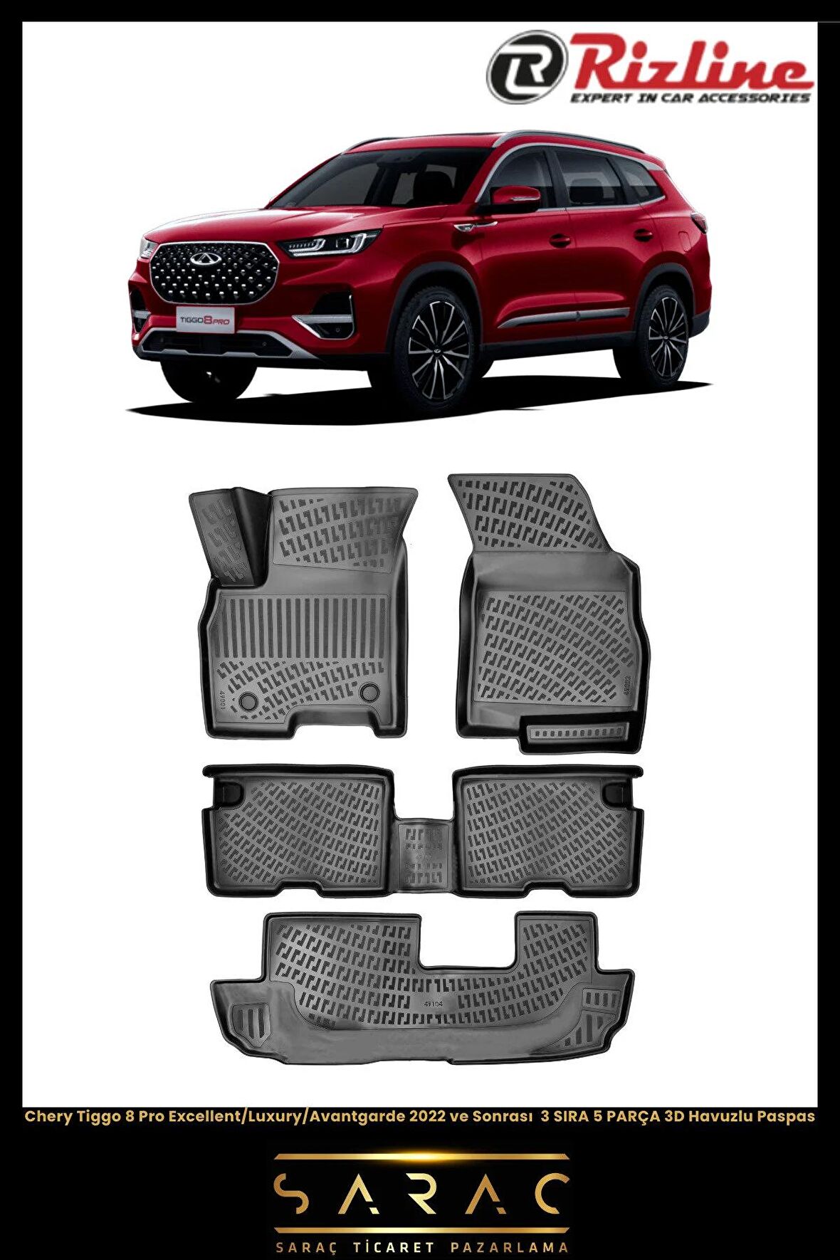 Rizline Chery Tiggo 8 Pro Excellent/luxury/avantgar 2022 Ve Sonrası 3 Sıra 5 Parça 3d Havuzlu Paspas