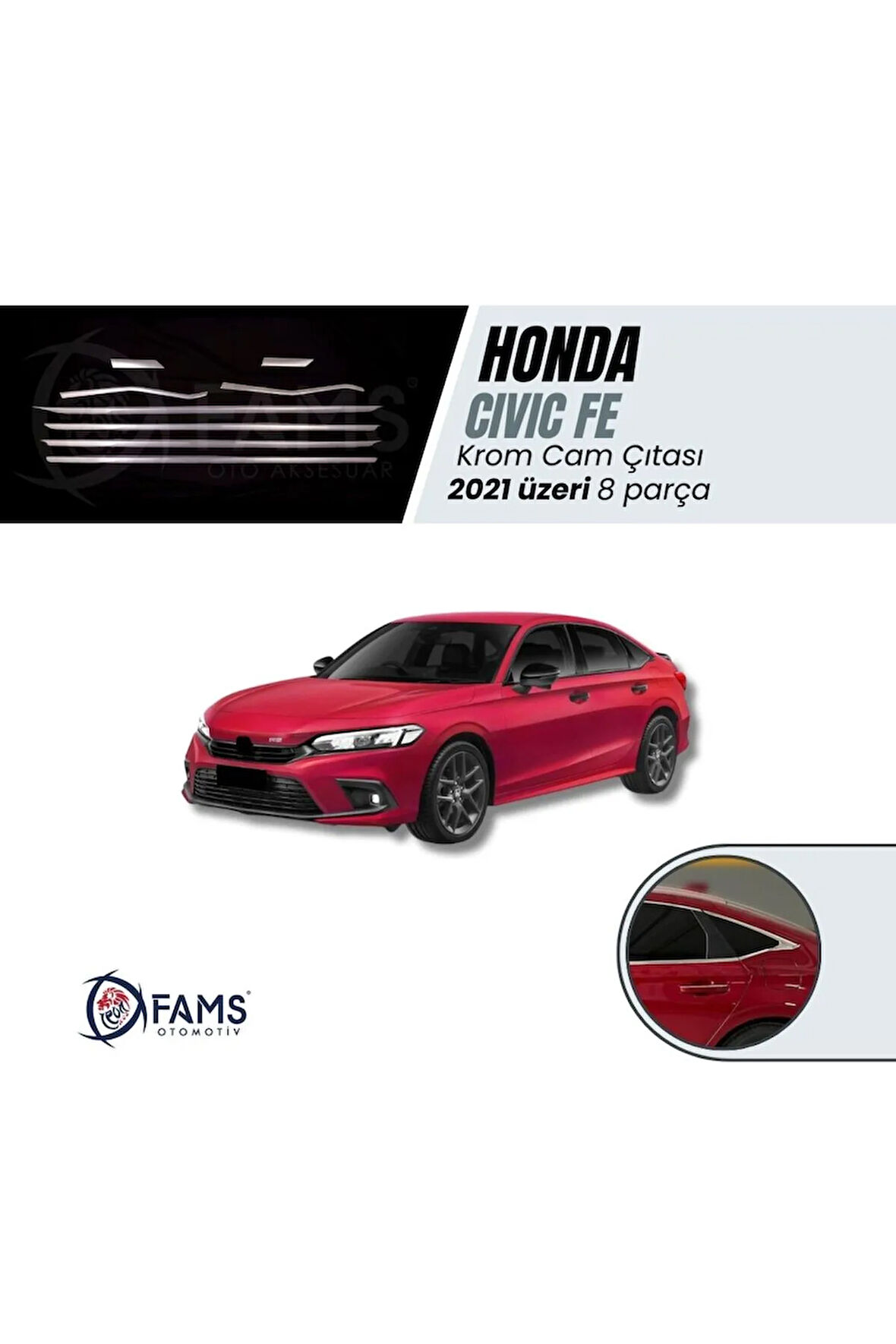 HondaCivic Uyumlu Fe 2021> Krom Cam Çıtası 8 Parça Paslanmaz Çelik