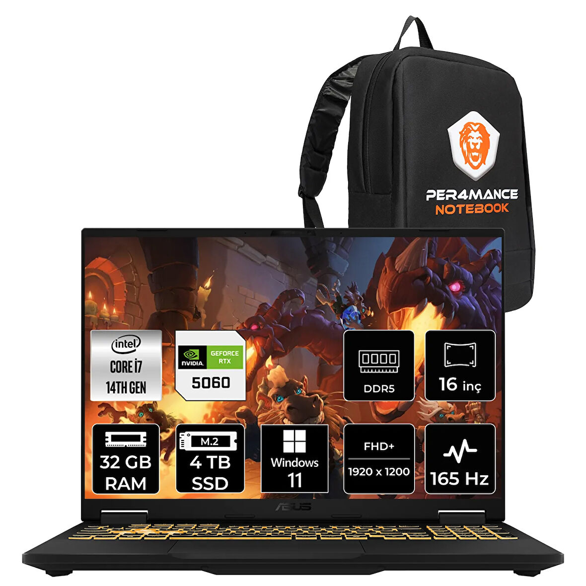 Asus TUF F16 i7 14650HX 40GB 256GB SSD RTX5060/8GB 115W 165Hz 16'' WUXGA W11H Gaming Laptop FX608JMR
