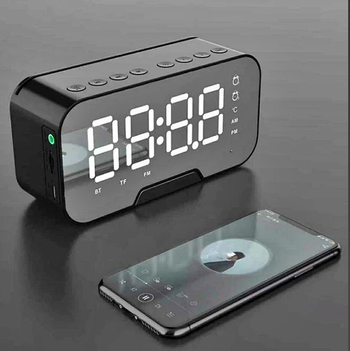 Dijital Ayna Yüzeyli Masaüstü Saat -Müzik Çalar Desteği 3 MOD Parlaklık + Telefon Tutucu