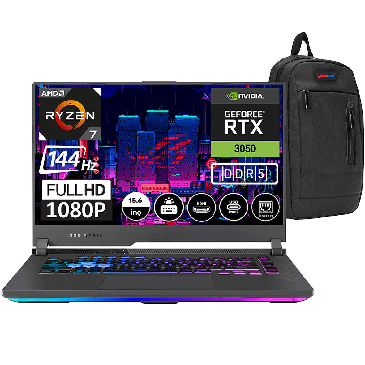 Asus Rog Strix G15 GW513RC AMD Ryzen 7 6800H 16GB DDR5 512GB SSD Windows 11 Pro RTX3050-4GB 15.6" Fhd 144Hz Taşınabilir Bilgisayar HNW192P01 + Zetta Çanta