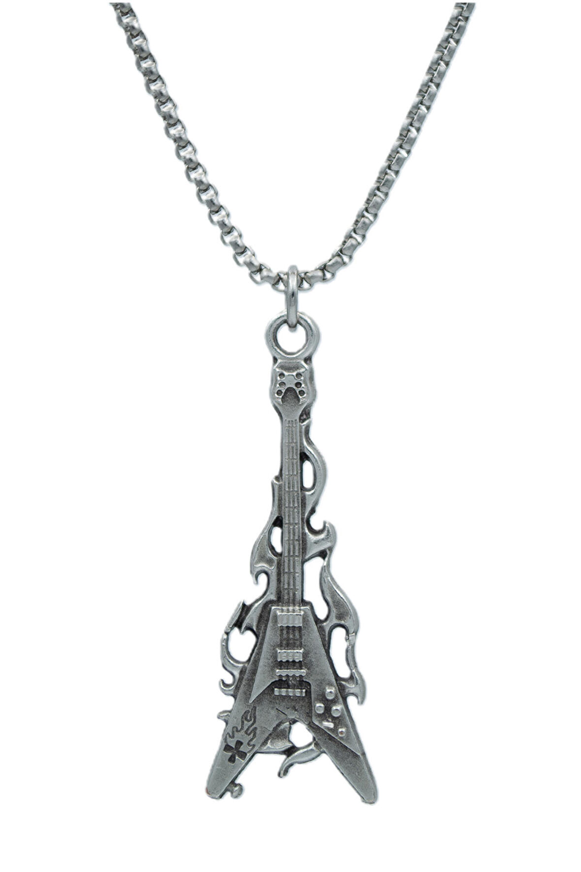 Ateşli Elektro Gitar Örme Zincir Kolye - Gümüş Kaplama - Erkek Kadın Kolye - No:1558