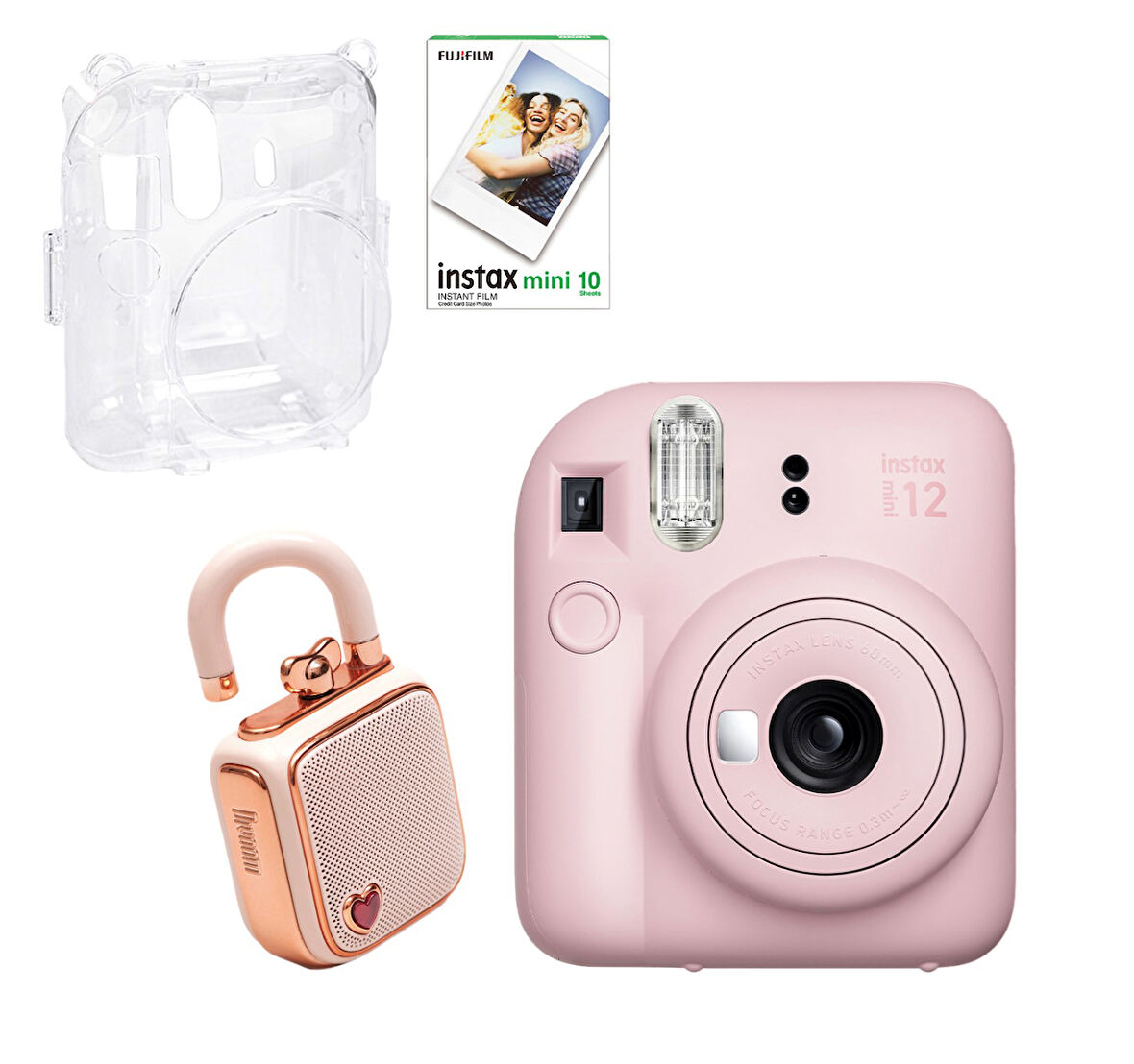 Fujifilm Instax Mini 12 Pembe Fotoğraf Makinesi 10'lu Film Şeffaf Kılıf ve Divoom LoveLock Mini Ses 