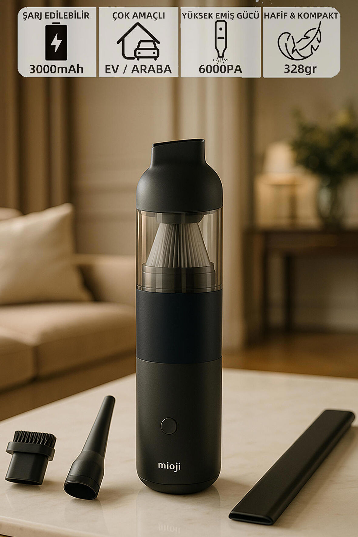 Mio 3 3000mah Vacuum Cleaner 6000pa Taşınabilir Mini Şarjlı Süpürge - Siyah