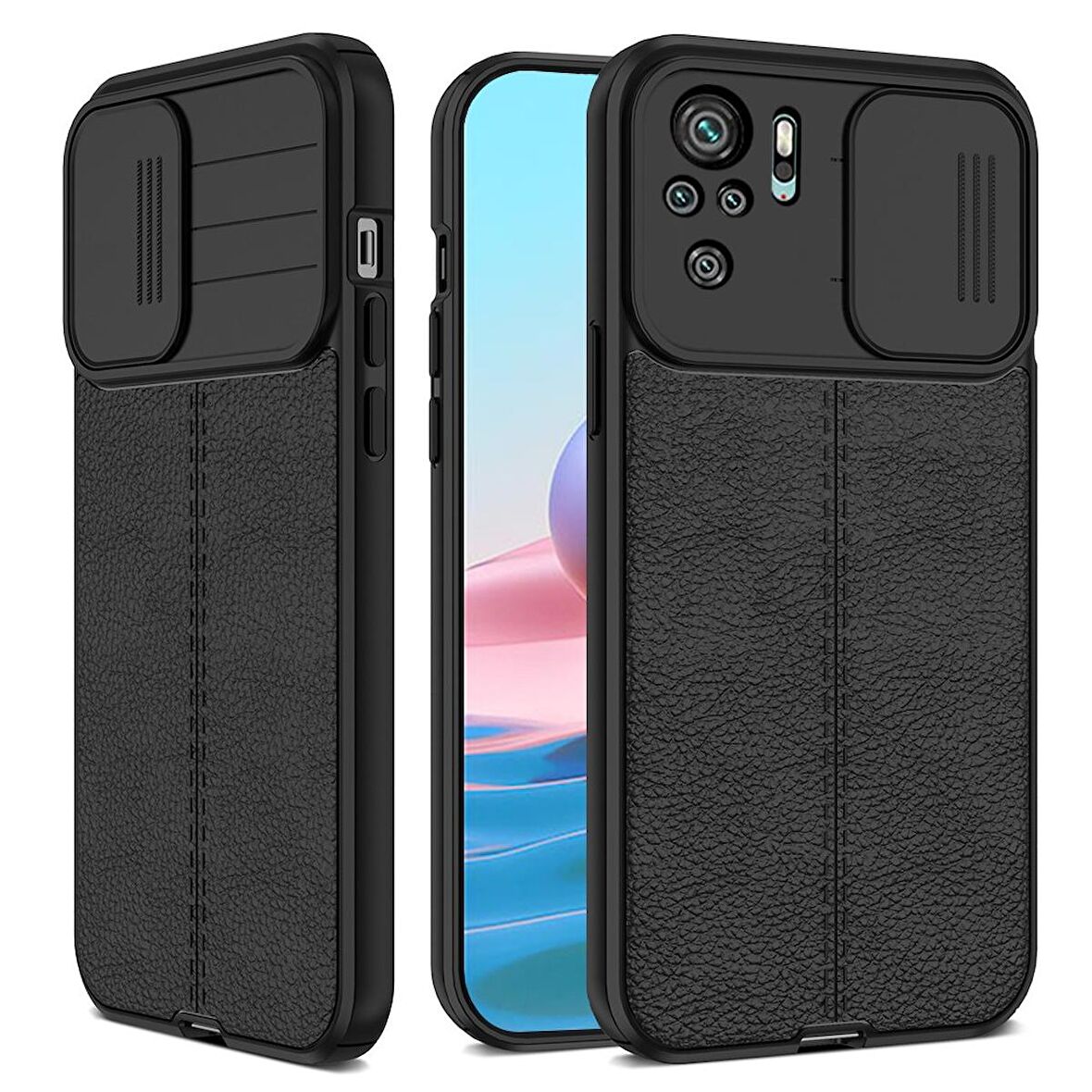 Smcase Xiaomi Redmi Note 10s Kılıf Lensi Kamera Korumalı Deri Dokulu Silikon 