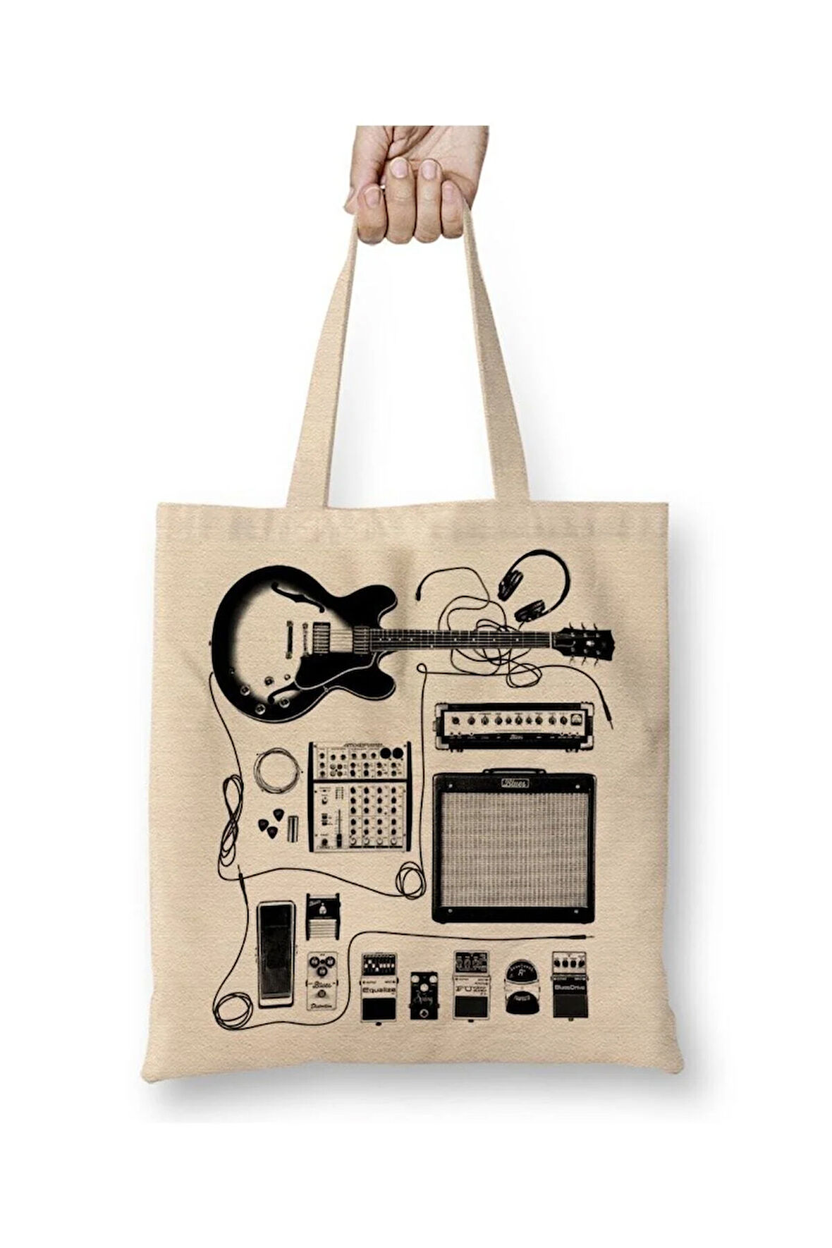 Gitar Amfi Gitarist Pedal Kedi Beyaz Bez Çanta Uzun Saplı Alışveriş Çantası Plaj Çantası