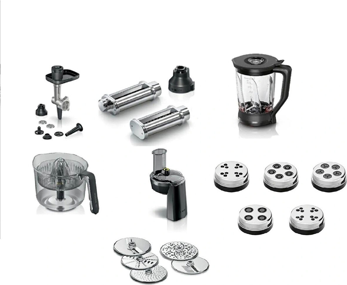 Bosch MUMS6ZS00 Serie 6 Mutfak Makinesi Uyumlu 6 Lı Tamamlama Seti Rende-Kıyma-Makarna-Blender- Narenciye Makarna Diks