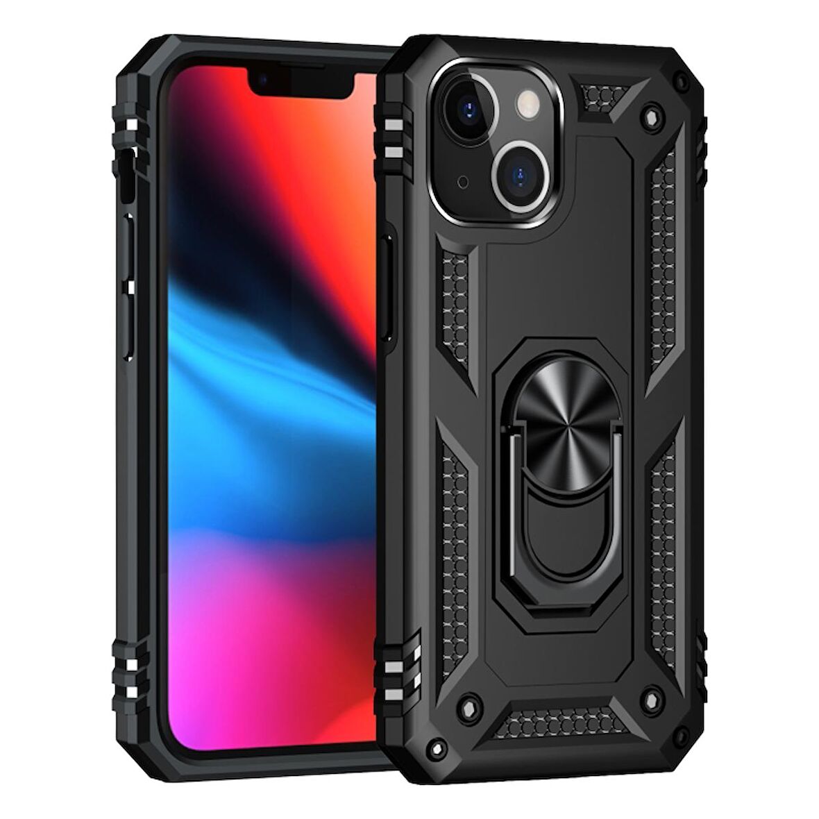 Smcase iPhone 13 Mini Kılıf Vega Yüzüklü Çift Katmanlı Tank Silikon  Nano Ekran Koruyucu
