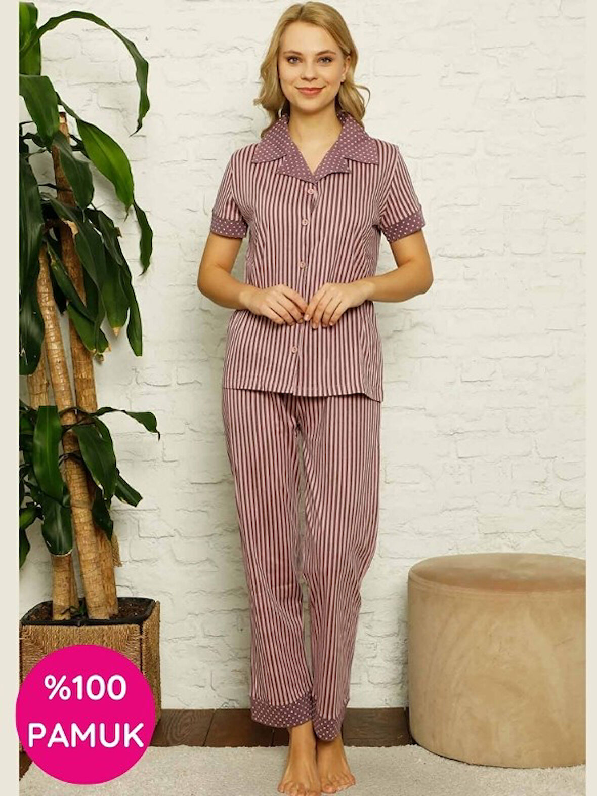 Kadın Çizgili Gömlek Yaka Önden Düğmeli Kısa Kol Pijama Takımı