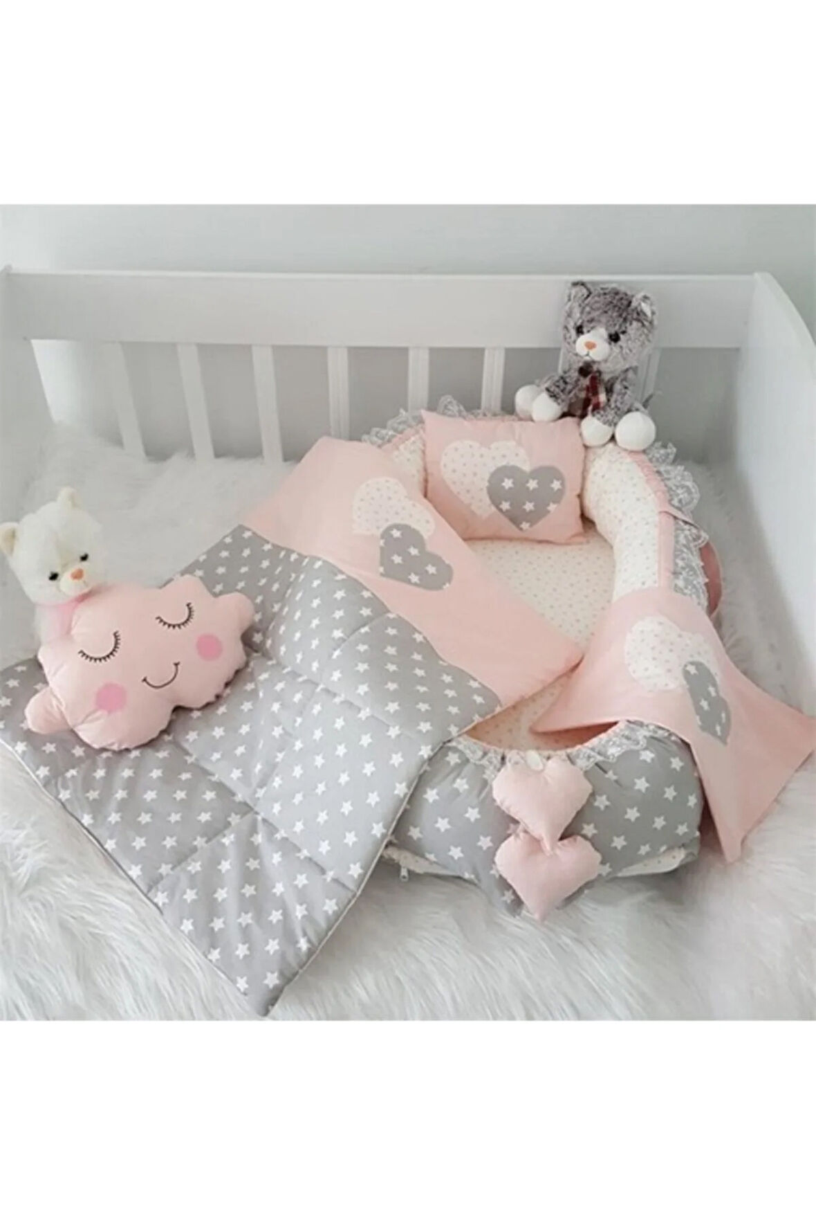 Nest Gri Somon Yıldızlı Jaju-babynest Anne Yanı Bebek Yatağı Yıldız Set