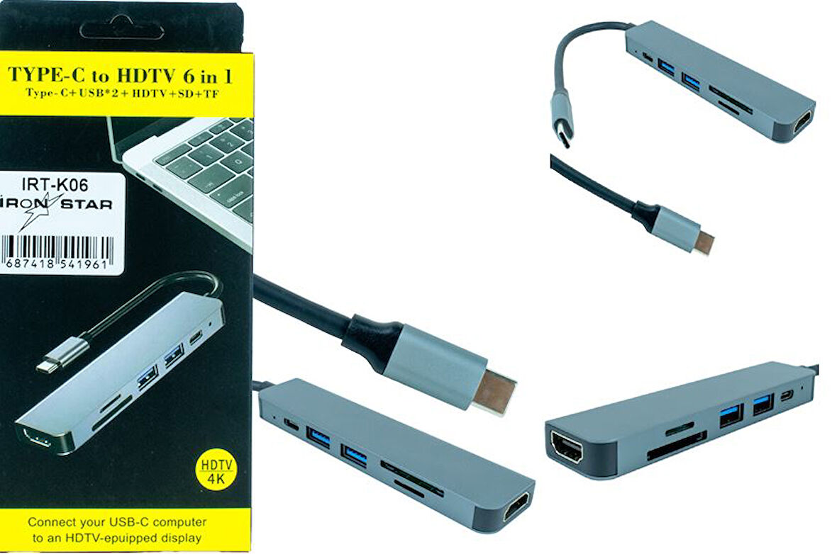 IRT-K06 6 İN 1 TYPE-C TO USBx2 + SD + TF + PD + HDMI;Class