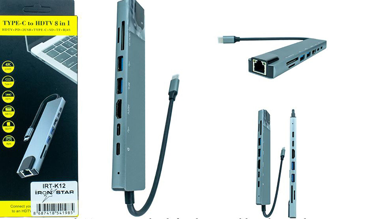 IRT-K12 8 İN 1 TYPE-C HDMI 4K + USB 3.0 + USB 2.0 + PD + TYPE-C + SD/TF + 100MB LAN;Class