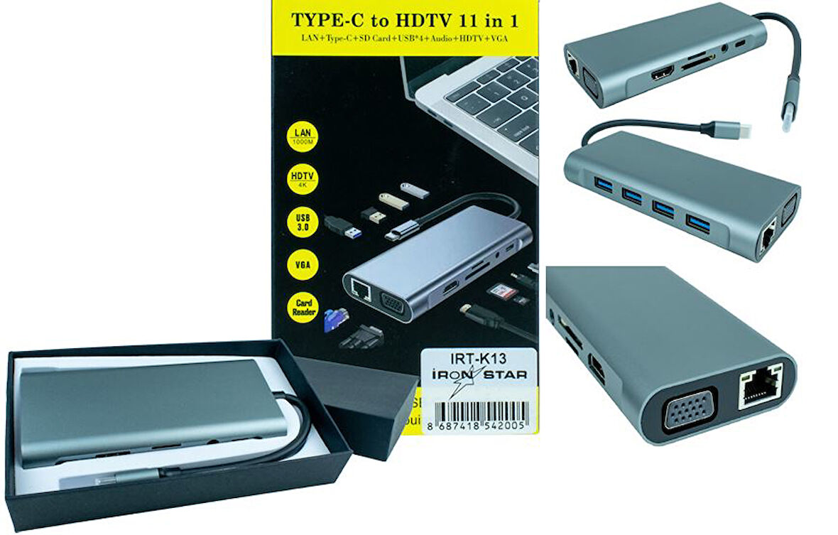 IRT-K13 11 İN 1 TYPE-C TO 100 MB LAN+VGA+HDMI+SD/TF+3,5mm AUDIO+PD+USB 3.0+USB 2.0x3;Class
