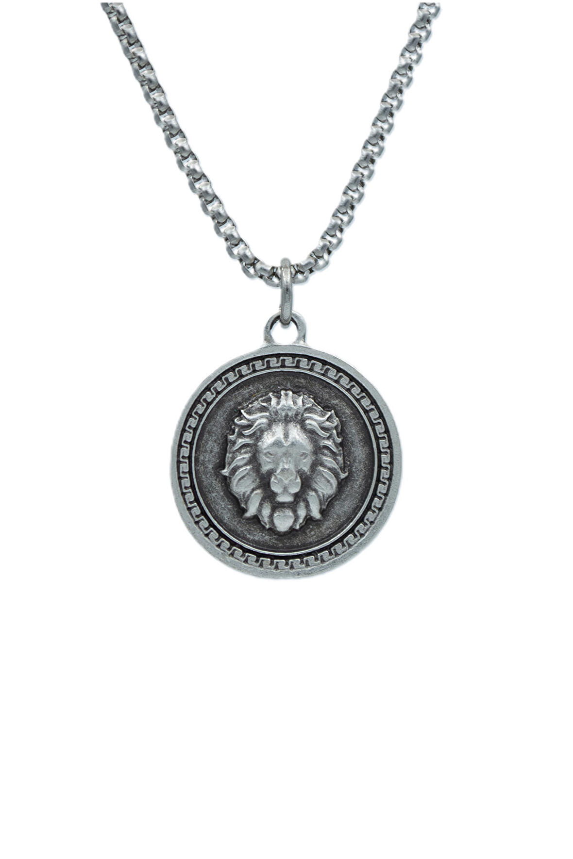Aslan Kabartmalı Madalyon Örme Zincir Kolye - Gümüş Kaplama - Erkek Kadın Kolye - No:1586