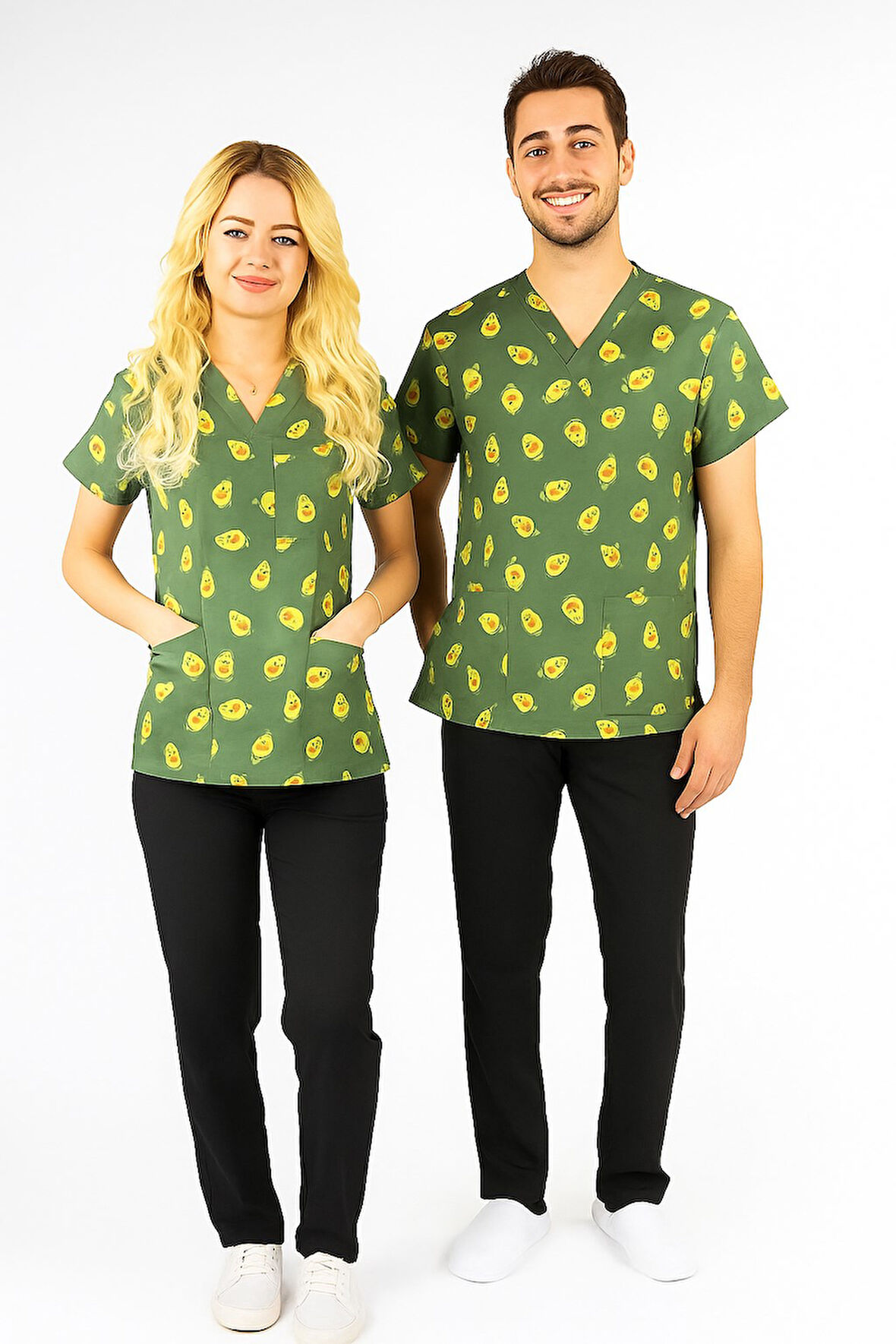 Unisex Avokado Desenli Doktor Hemşire Diyetisyen Cerrahi Scrubs Üniforma Takımı