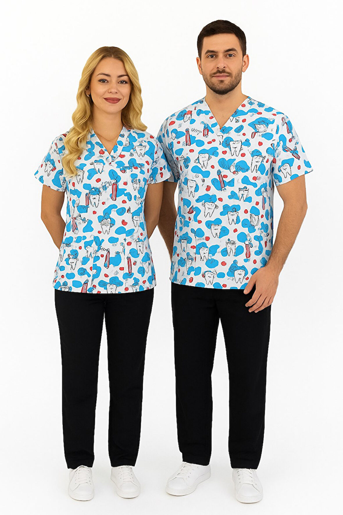 Unisex Beyaz Diş Desenli Diş Hekimi, Diş Doktoru, Diş Teknisyeni Scrubs Üniforma Takım