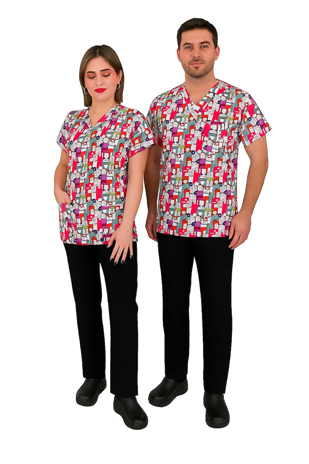 Unisex Renkli Köpekler Desenli Likralı Veteriner Doktor Hemşire Scrubs Üniforma Takımı