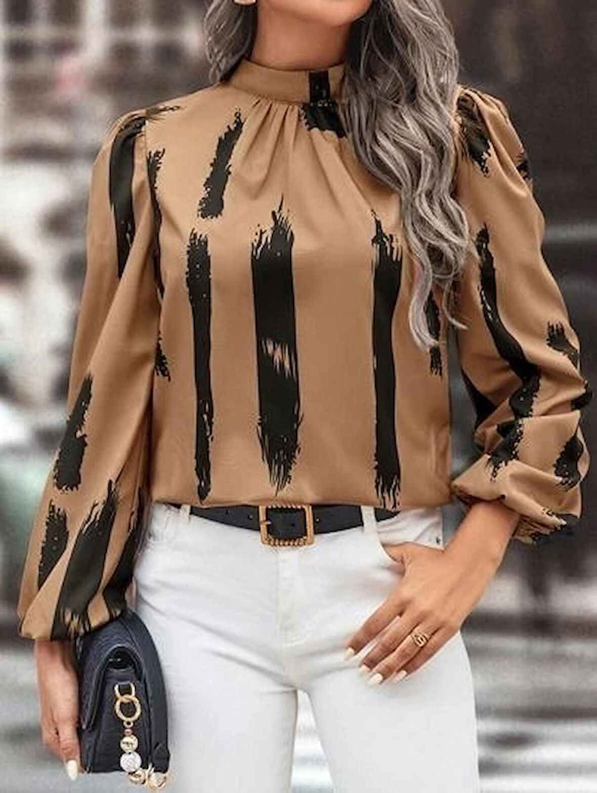 Kadın Balıkçı Yaka Desenli Uzun Kollu Dalgıç Bluz