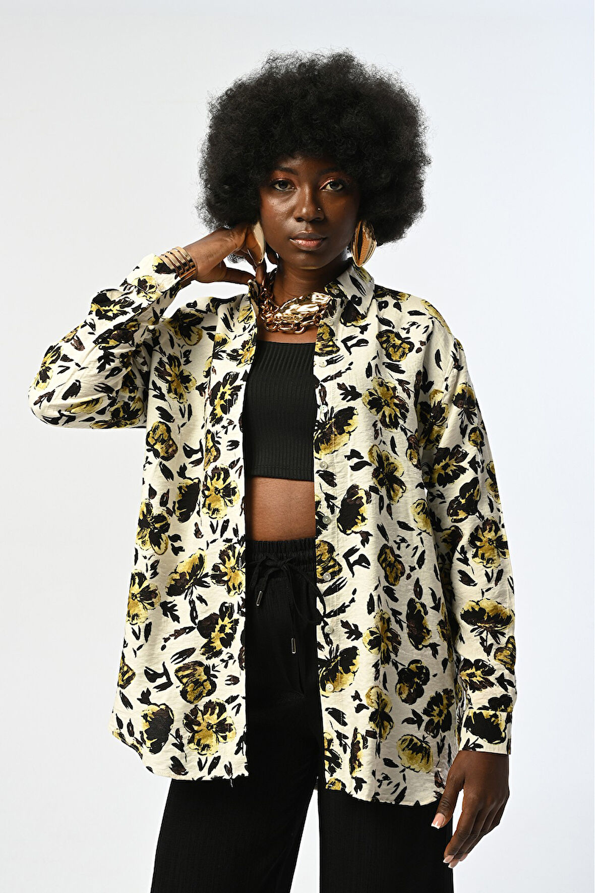 KADIN KARIŞIK DESENLİ OVERSİZE KESİM GÖMLEK