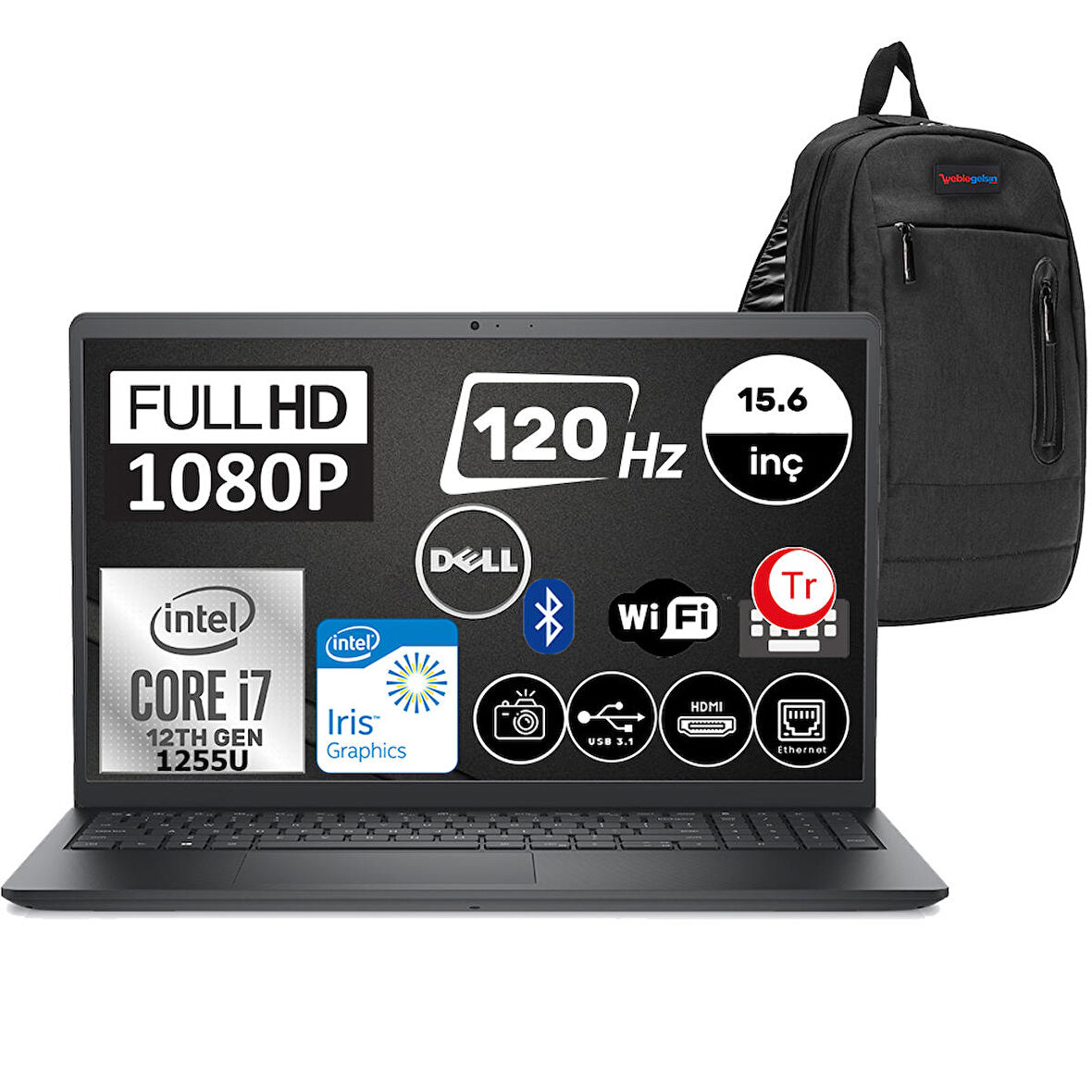 Dell Vostro 3520 Intel Core I7-1255U 64GB 1TB SSD 15.6" FHD 120HZ Ubuntu Taşınabilir Bilgisayar N5305PVNB3520U15 + Zetta Çanta