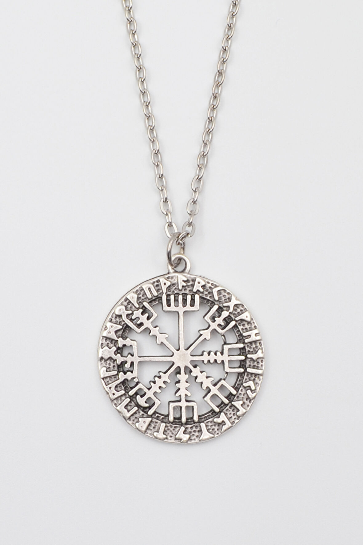 Viking Pusula Kolye (Vegvisir) - Düz Ezme İthal Zincirli Unisex Gümüş Kaplama - 60 cm