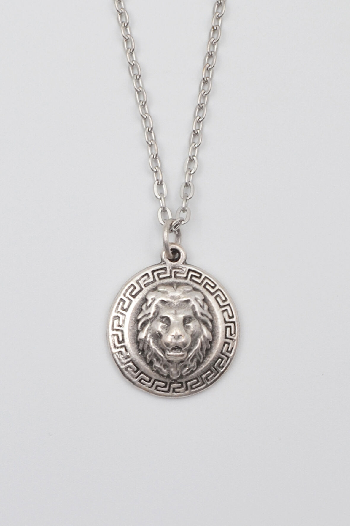 Kabartmalı Aslan Madalyon Kolye - Düz Ezme İthal Zincirli Unisex Gümüş Kaplama - 60 cm