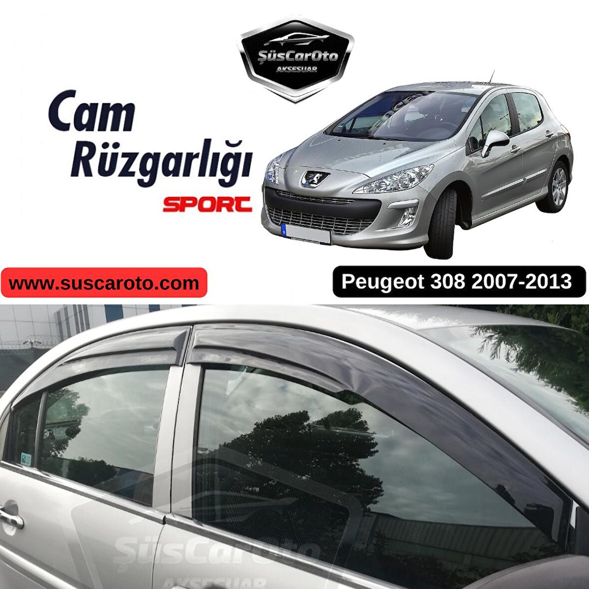 Peugeot 308 2007-2013 Uyumlu Mugen Cam Rüzgarlığı Seti Piano Black 4'lü İthal