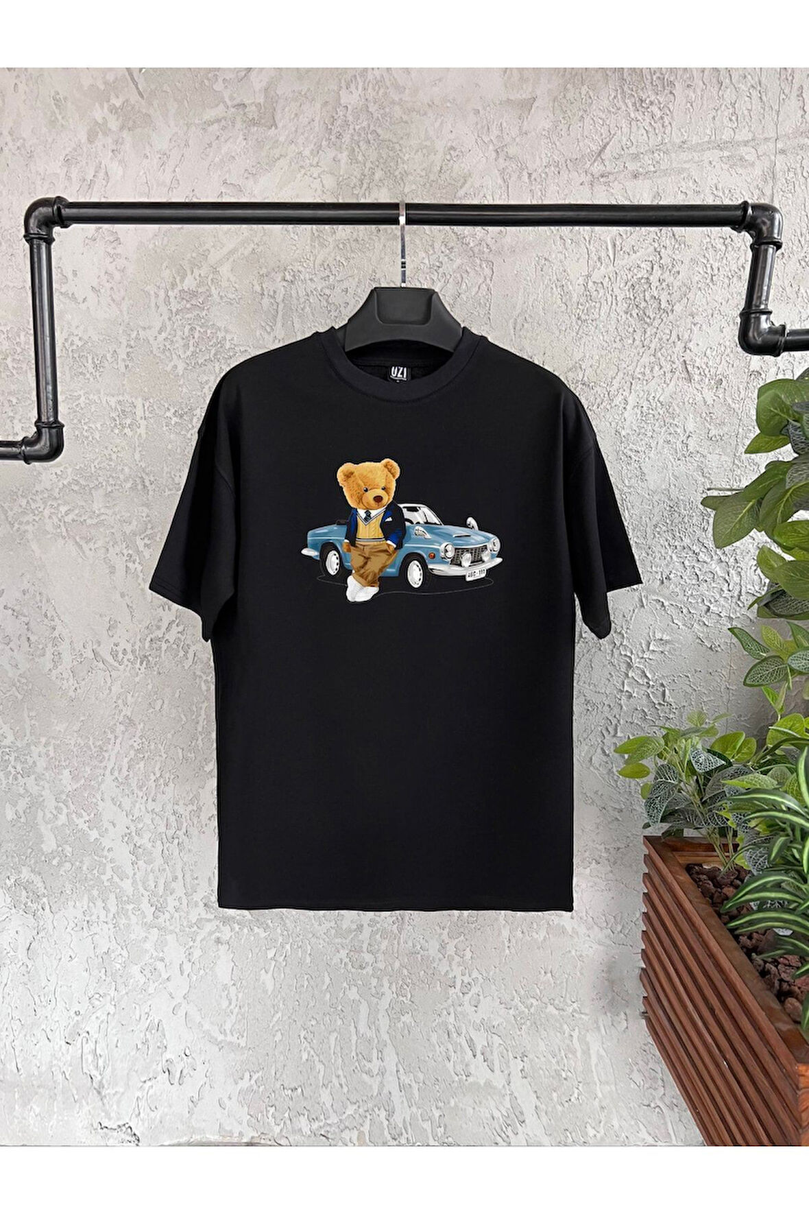 Car Bear Baskılı Siyah Erkek Tshirt