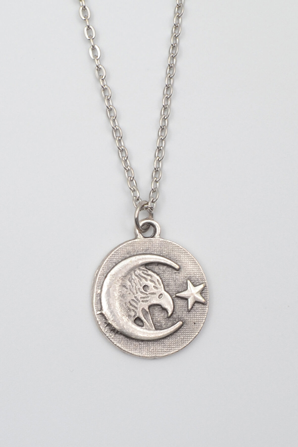 Ay Yıldız Kartal Figürlü Kolye - Düz Ezme İthal Zincirli Unisex Gümüş Kaplama - 60 cm