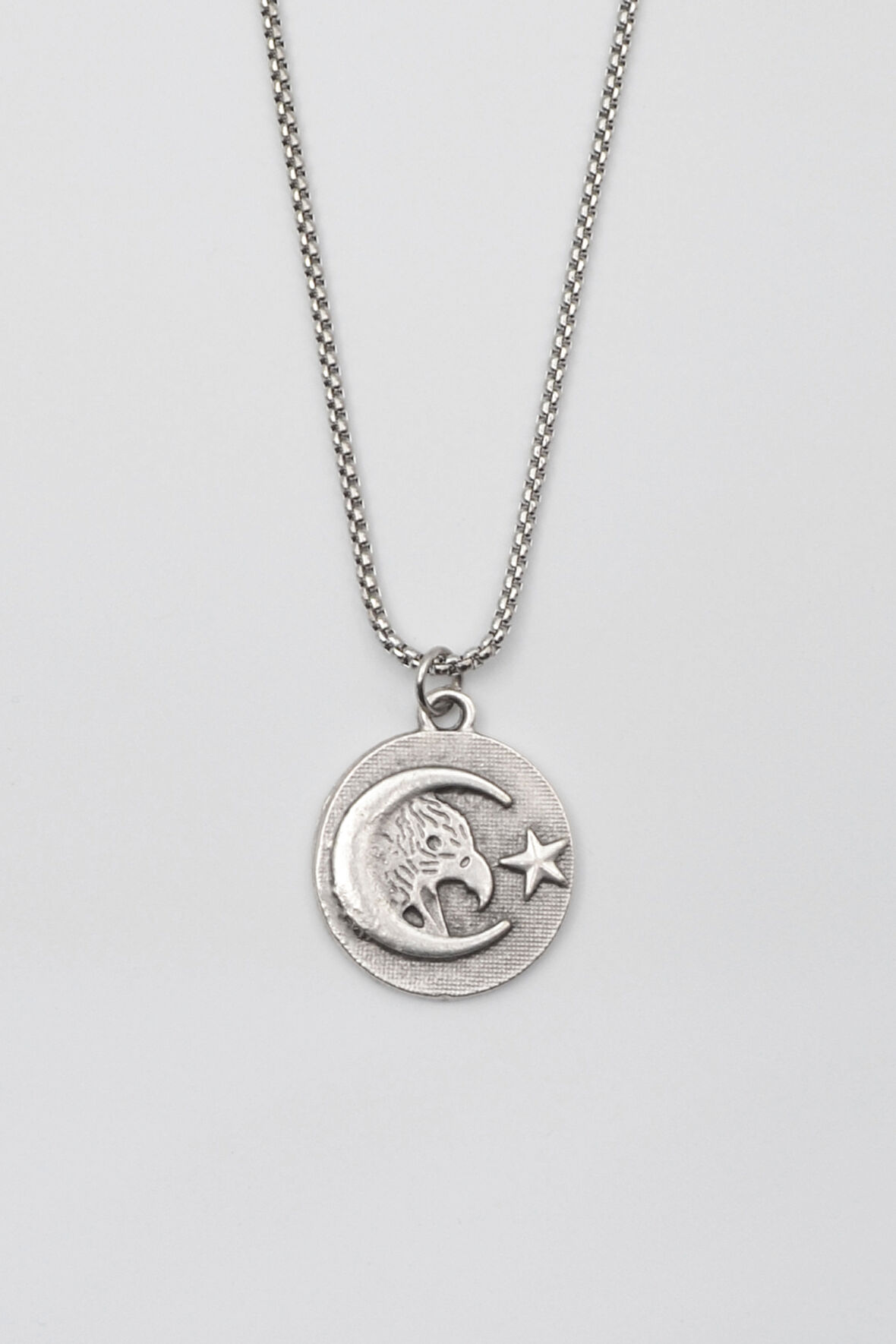 Ay Yıldız Kartal Figürlü Kolye - Örme İthal Zincirli Unisex Gümüş Kaplama - 60 cm