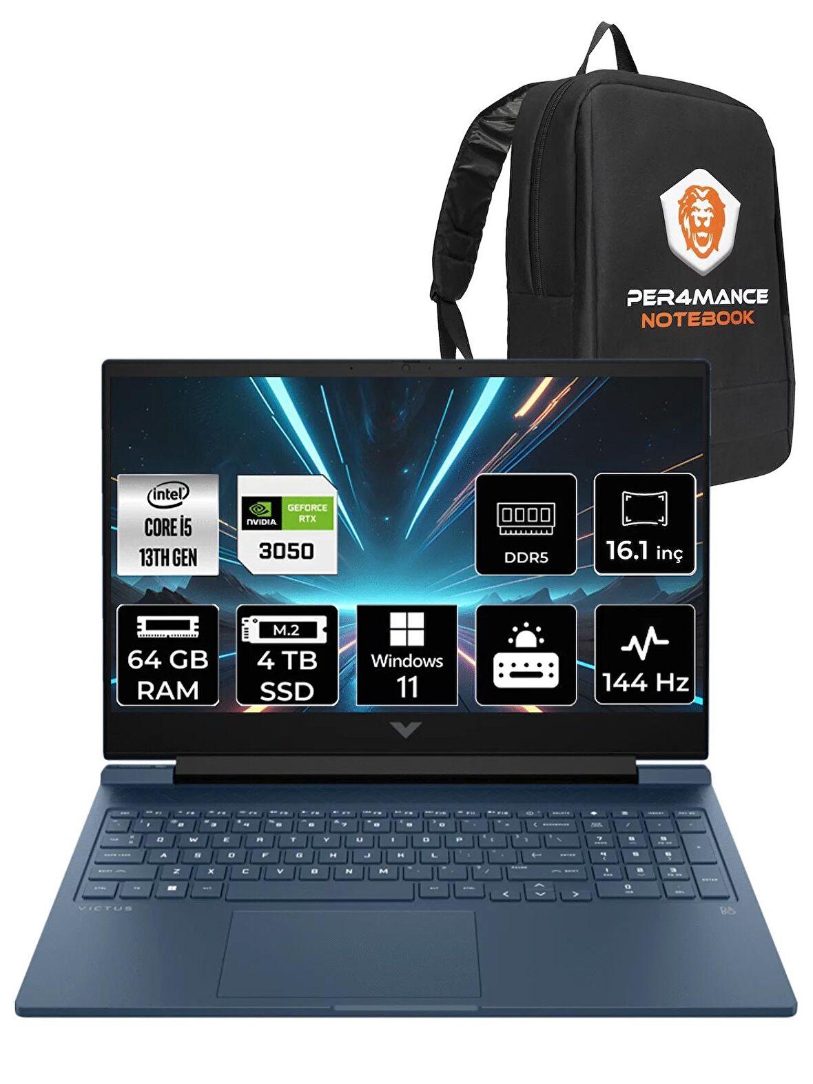 HP Victus 16 i5-13500H 64GB 2+2TB SSD RTX3050/6GB 144HZ 16.1" FHD W11H 7P6D2EA & PER4 ÇANTA
