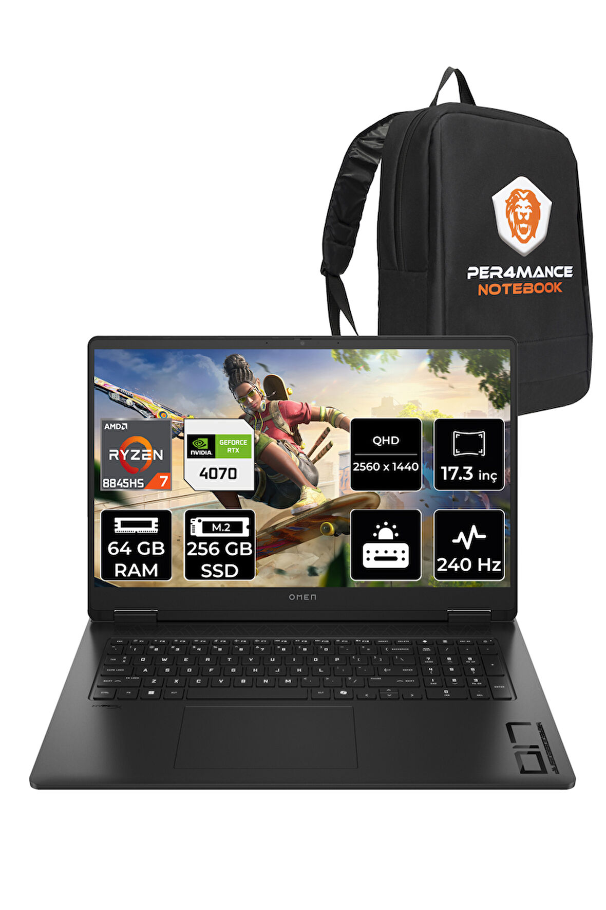 HP OMEN 17 R7 8845HS 64GB RAM 256GB SSD RTX4070/8GB 240Hz 17.3'' QHD FDOS Gaming Laptop & PER4 ÇANTA