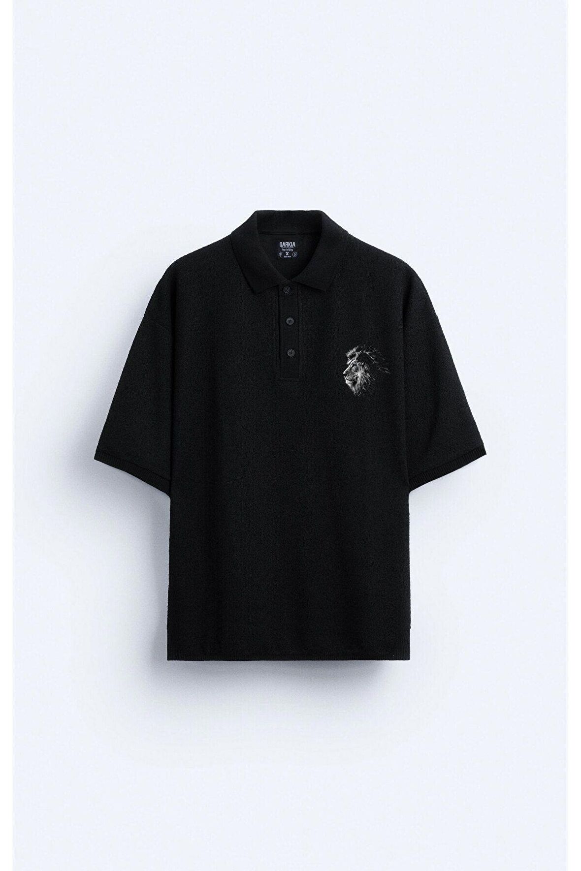 Aslan Baskılı Polo Yaka Oversize Erkek Siyah Tişört