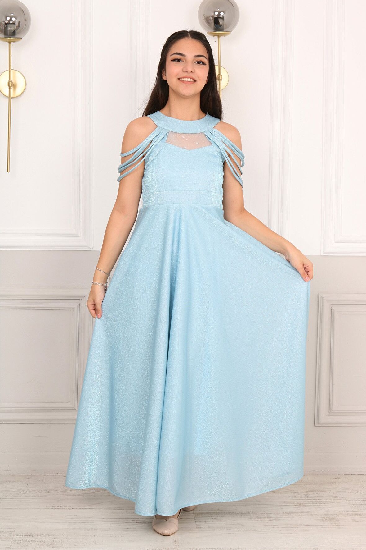 Kız Çocuk Simli Kumaş Astarlı Abiye Gece Mezuniyet Elbisesi