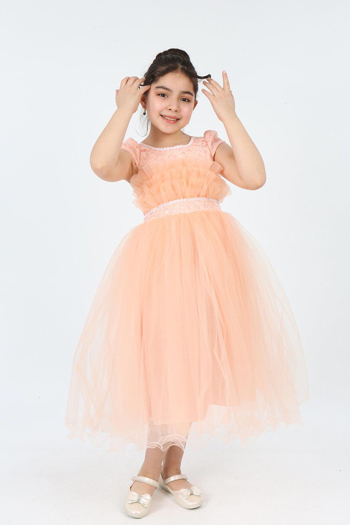 Kız Çocuk Tül Kumaş Kupür Işlemeli Astarlı Zarif Gece Mezuniyet Düğün Abiye Elbise