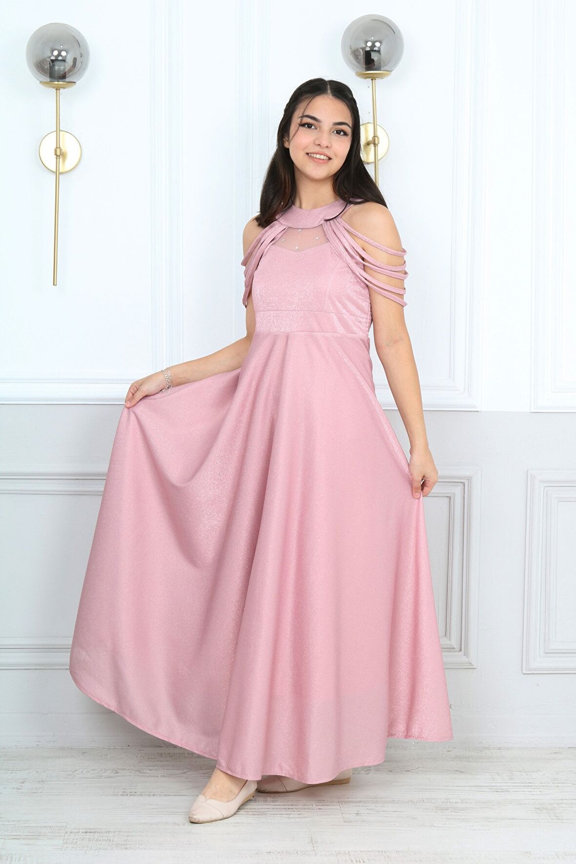 Kız Çocuk Simli Kumaş Astarlı Abiye Gece Mezuniyet Elbisesi